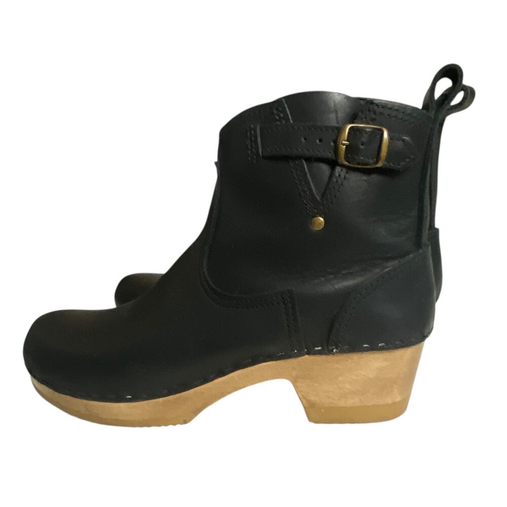 Women's Black Leather Clog Ankle Boots with Buckle - Picture 4 of 9